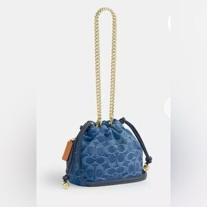 Coach Denim Blue Signature Drawstring Mini Bag with Gold Chain